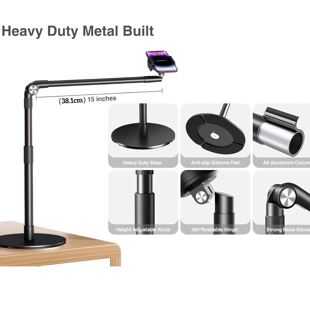 Elitehood Overhead Stand, 15 in Long Arm iPhone Holder 360 Degrees Swivel Tilt
